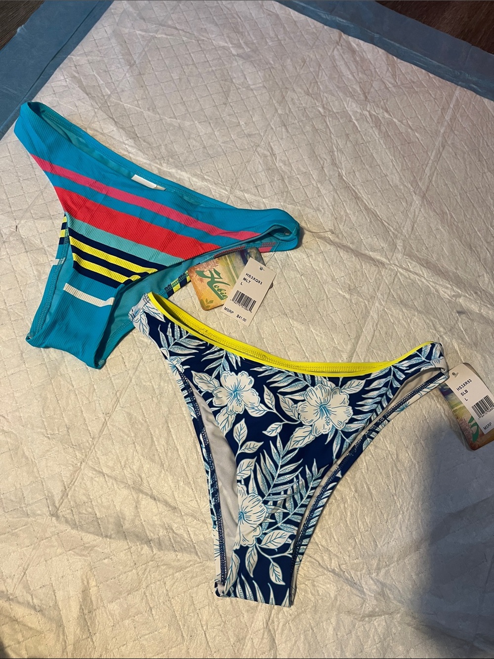 Hobie Blue Floral Bikini Bottom with Yellow Trim and Teal Striped Pair